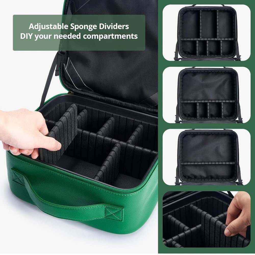 Green Travel Adjustable Compartment Makeup Case with LED Mirror